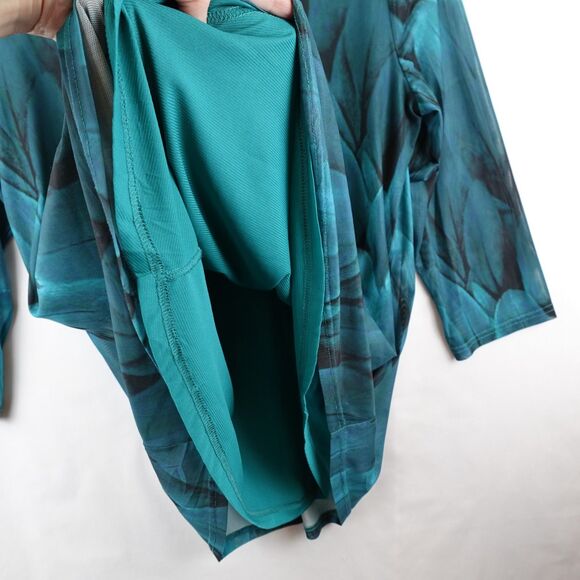 Timeson Tunic Blouse Womens Large Teal Turquoise Peacock Feathers Leaves Lined - Picture 10 of 15